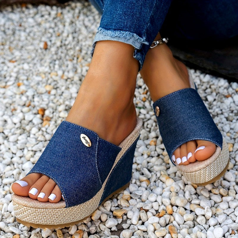Fidelma - Women's Denim Single Band Wedge Heels