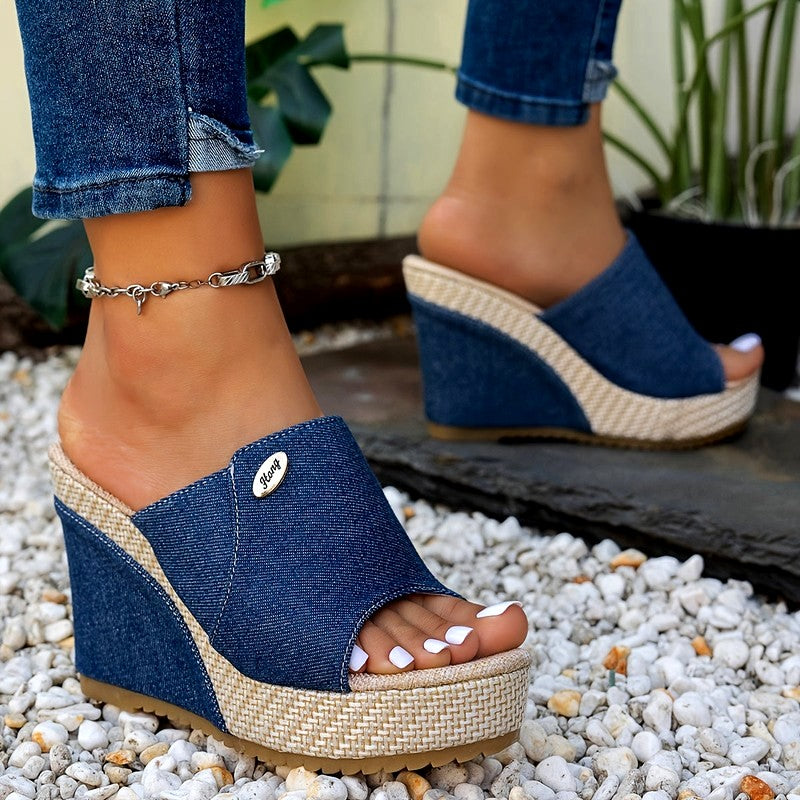 Fidelma - Women's Denim Single Band Wedge Heels