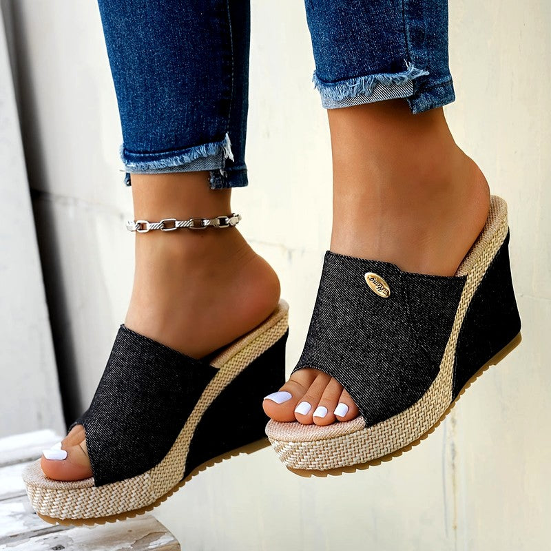 Fidelma - Women's Denim Single Band Wedge Heels