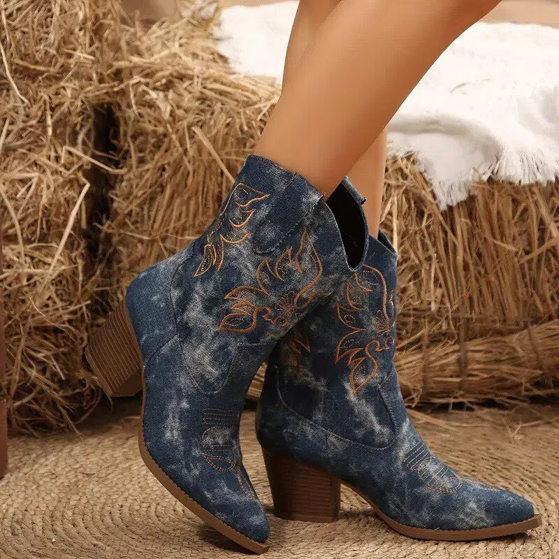 Fiona - Women's Embroidered Denim Western Ankle Boots 1