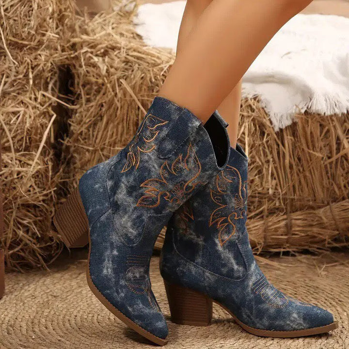 Fiona - Women's Embroidered Denim Western Ankle Boots 1