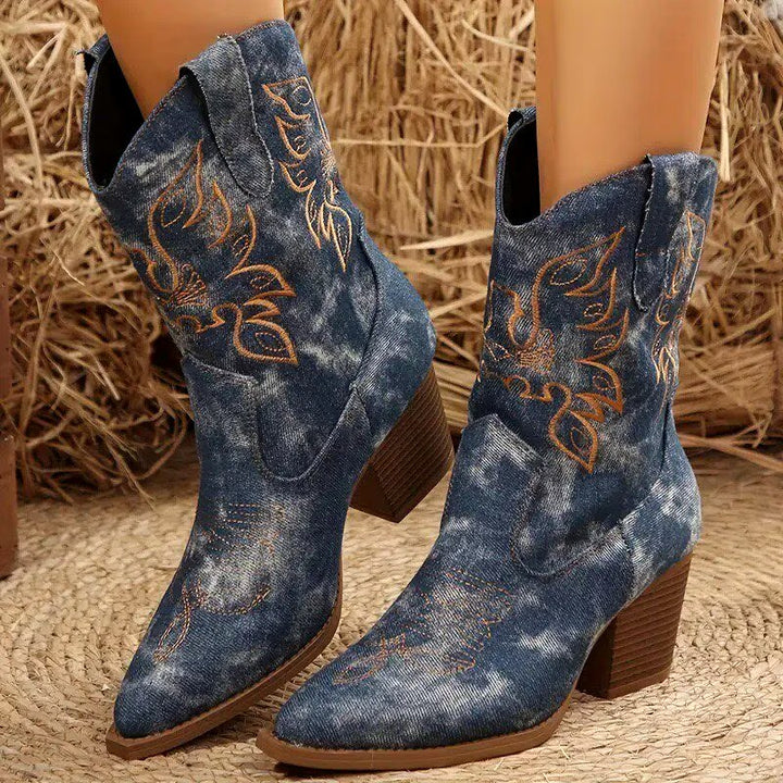 Fiona - Women's Embroidered Denim Western Ankle Boots 3