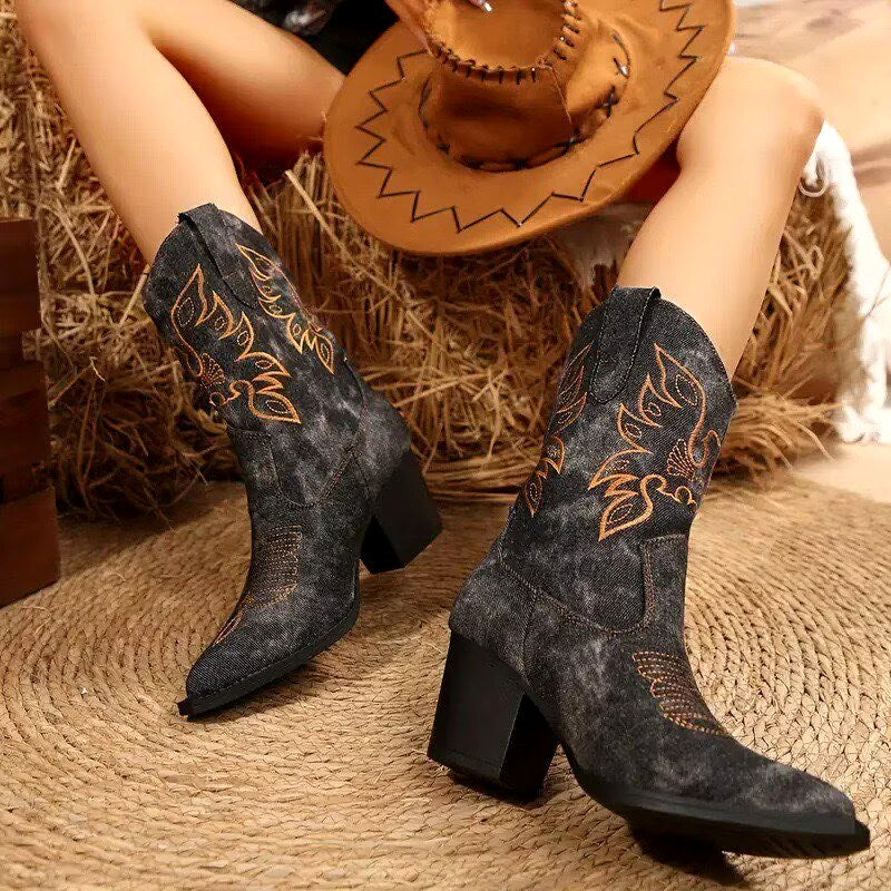 Fiona - Women's Embroidered Denim Western Ankle Boots 4