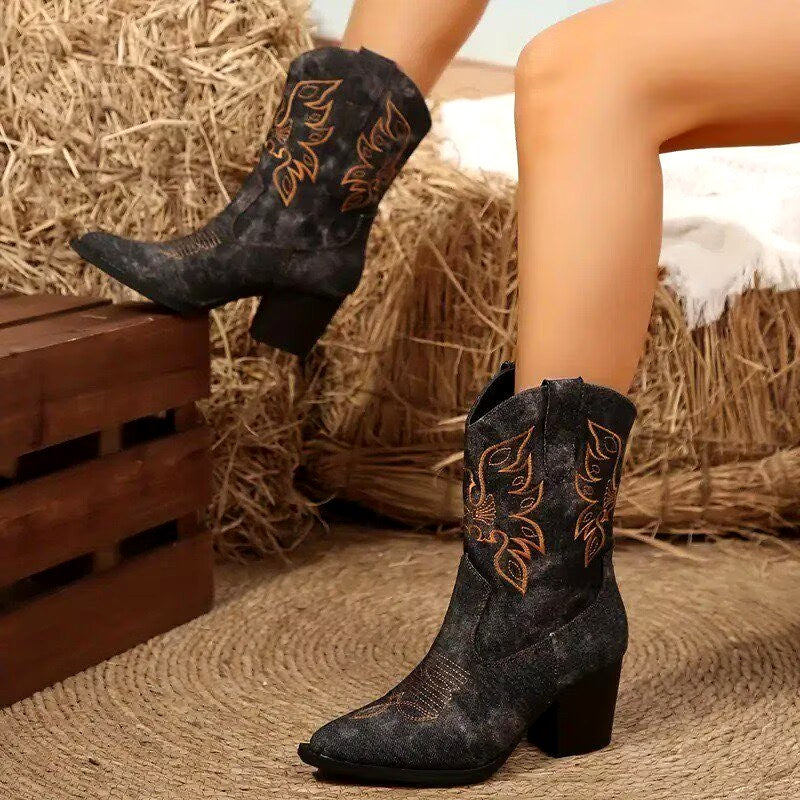 Fiona - Women's Embroidered Denim Western Ankle Boots 5