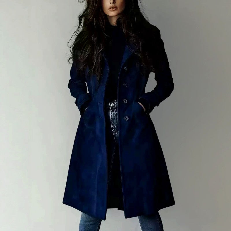 Flor - Women's Faux Suede Notched Lapel Long Coat 1