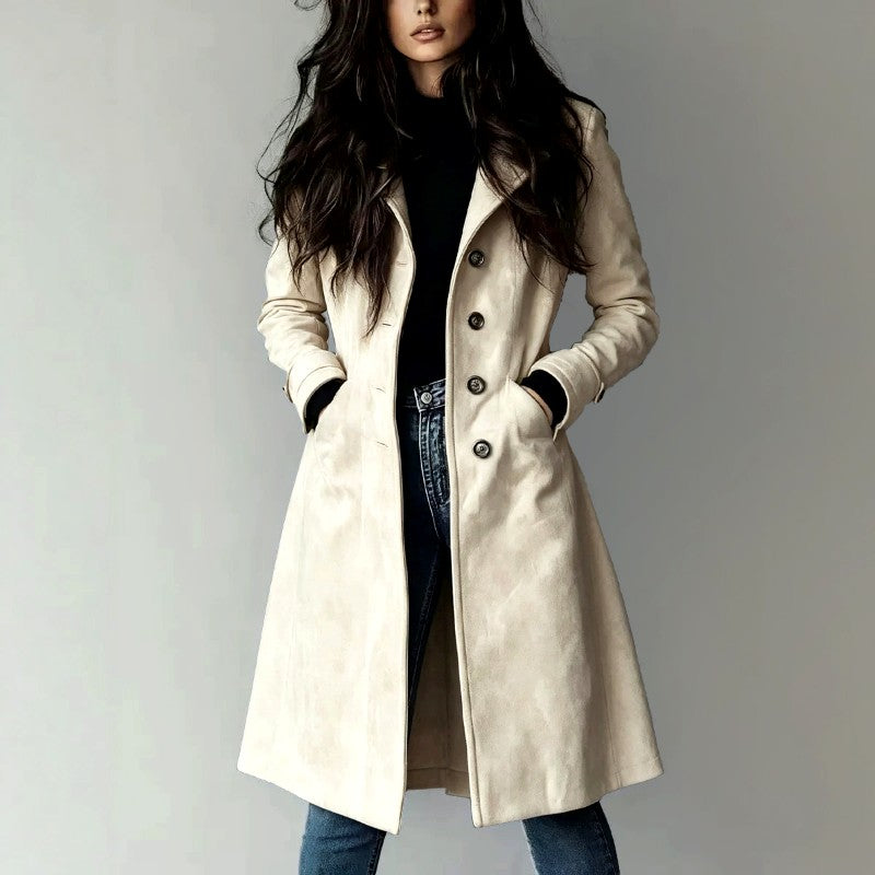 Flor - Women's Faux Suede Notched Lapel Long Coat 2