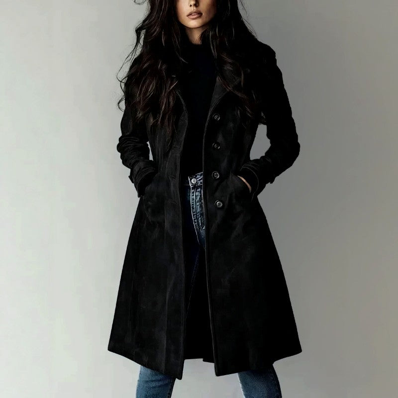 Flor - Women's Faux Suede Notched Lapel Long Coat 3