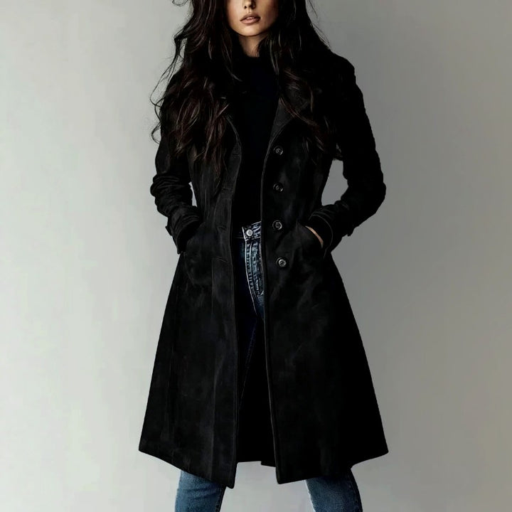 Flor - Women's Faux Suede Notched Lapel Long Coat 3