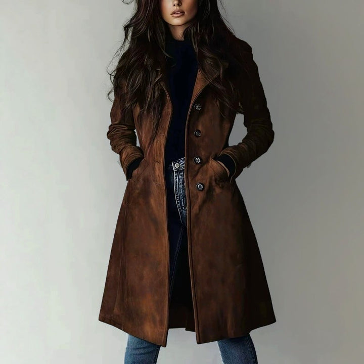 Flor - Women's Faux Suede Notched Lapel Long Coat 4