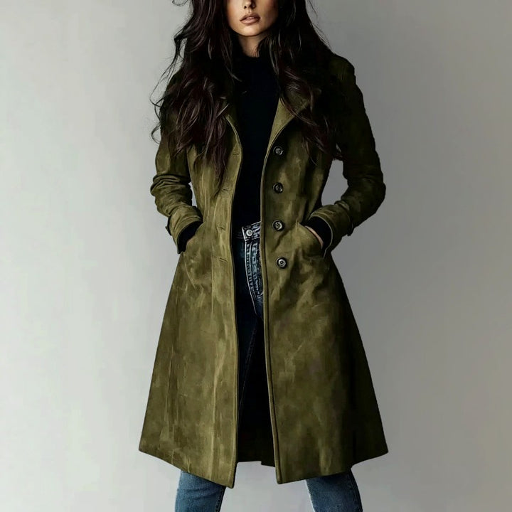 Flor - Women's Faux Suede Notched Lapel Long Coat 5