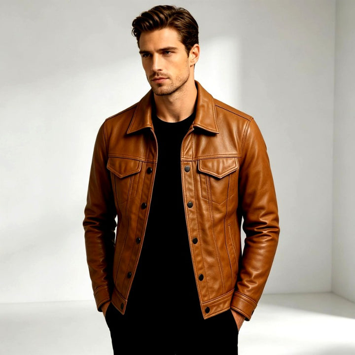 Garrett - Men's Leather Trucker Jacket with Chest Pockets 2