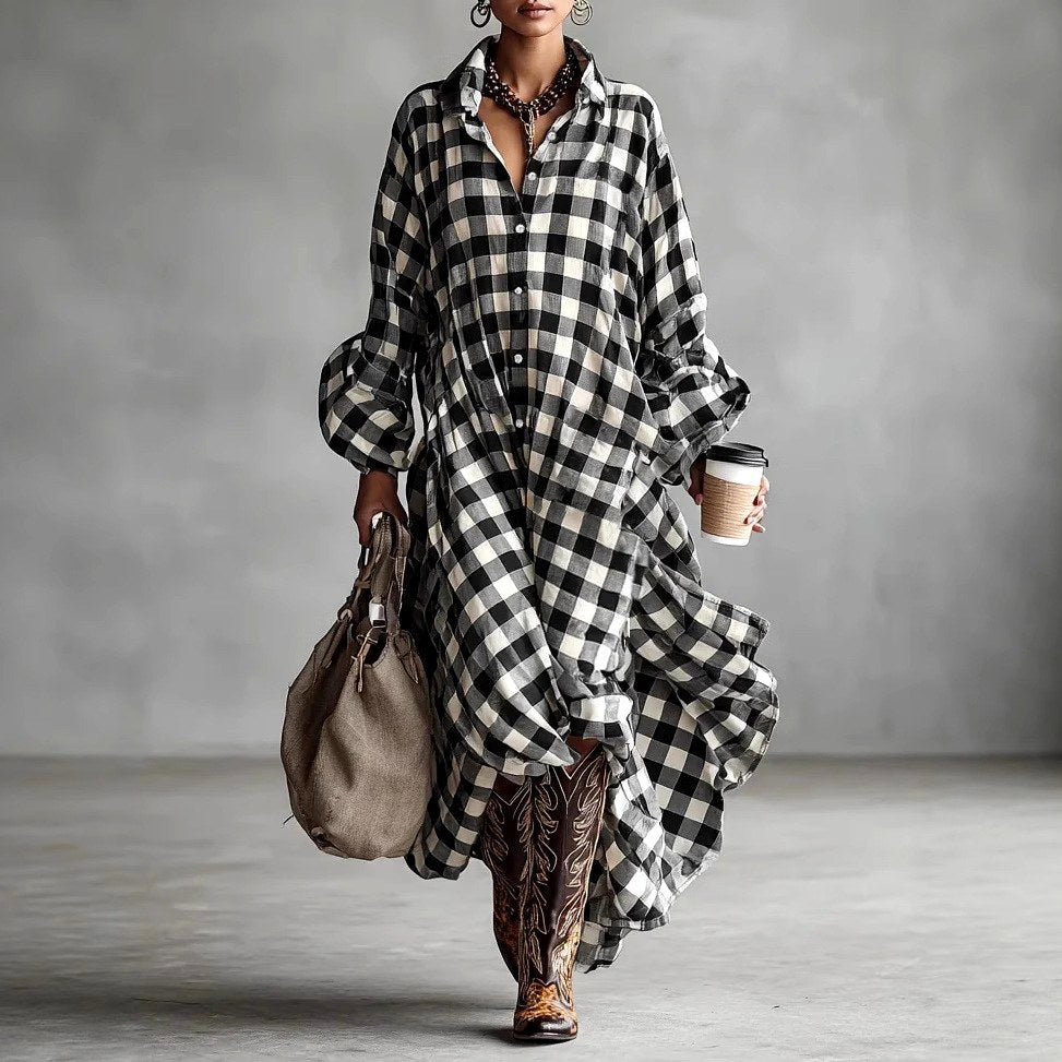 Georgette - Gingham Long Sleeve Flowy Maxi Dress 1