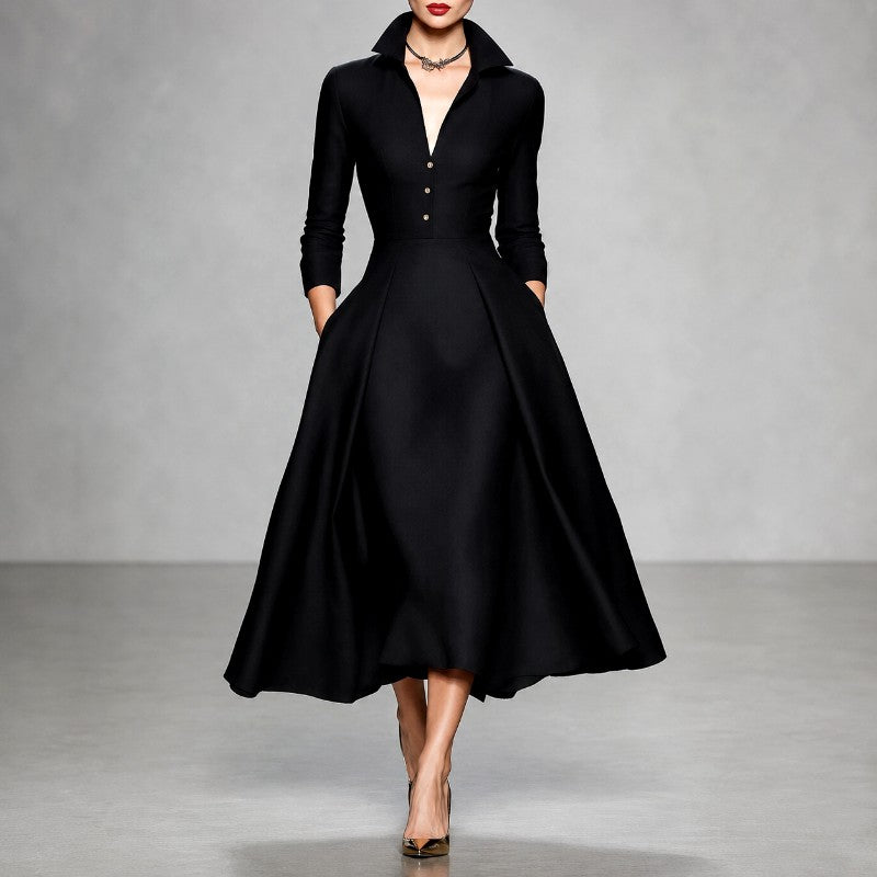 Geraldine - Women's Collared Long Sleeve A-Line Dress 1