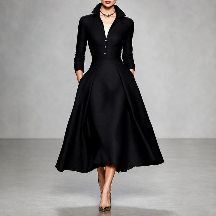 Geraldine - Women's Collared Long Sleeve A-Line Dress 1