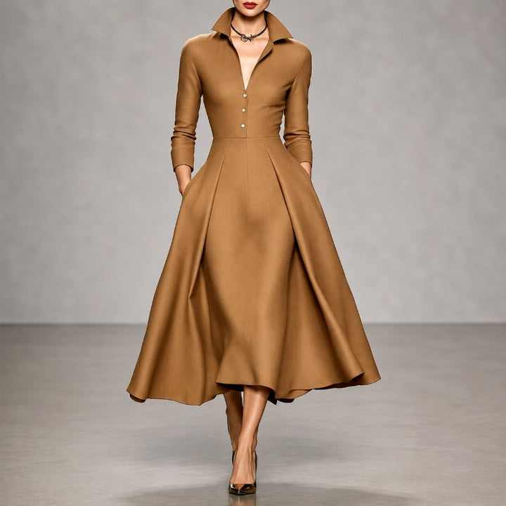 Geraldine - Women's Collared Long Sleeve A-Line Dress 2