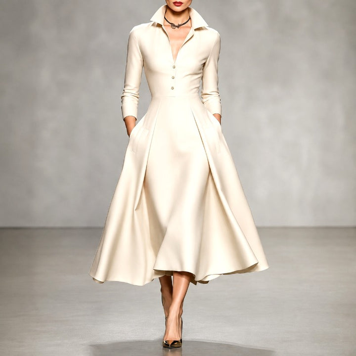 Geraldine - Women's Collared Long Sleeve A-Line Dress 3