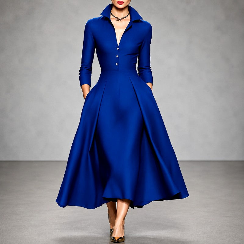 Geraldine - Women's Collared Long Sleeve A-Line Dress 4