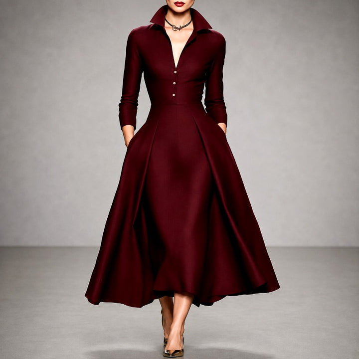 Geraldine - Women's Collared Long Sleeve A-Line Dress 5
