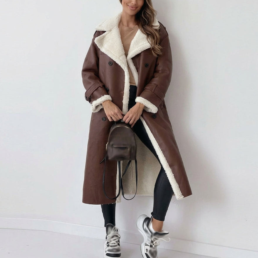 Gia - Women’s Faux Leather Coat with Fleece Trim