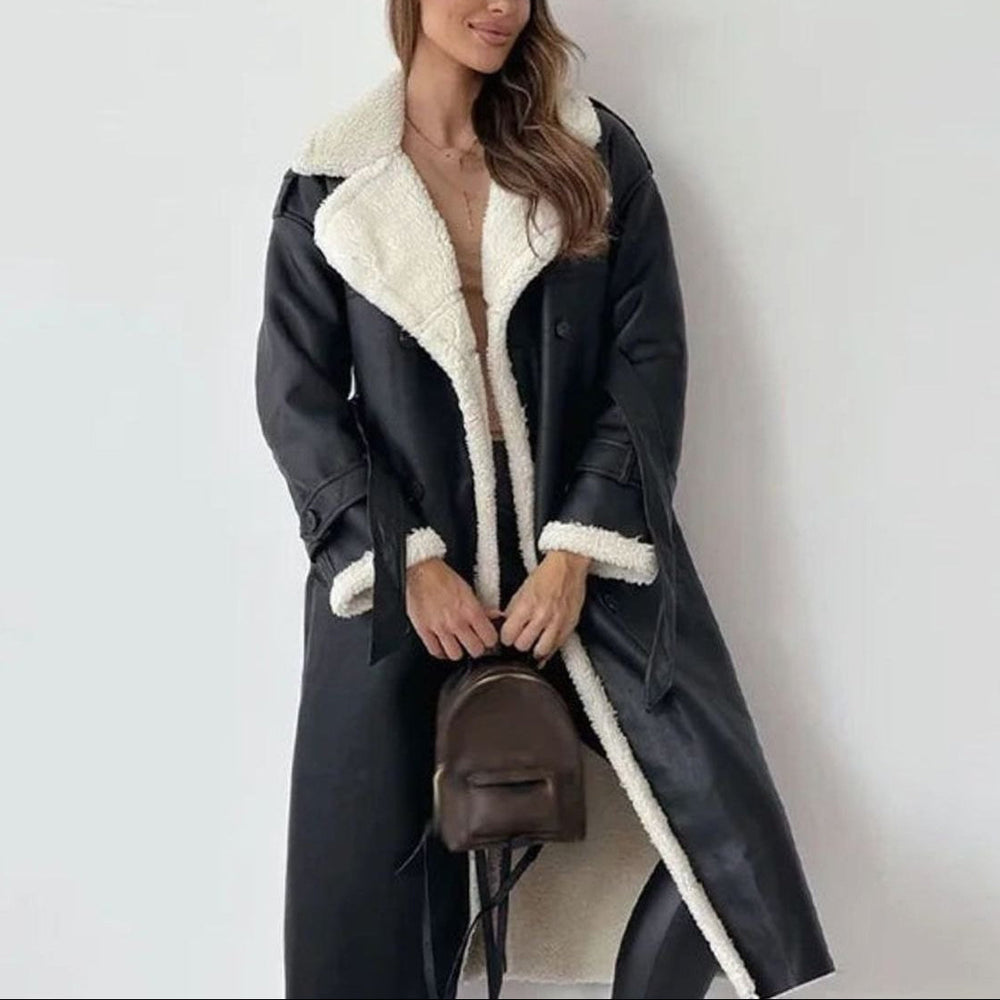 Gia - Women’s Faux Leather Coat with Fleece Trim