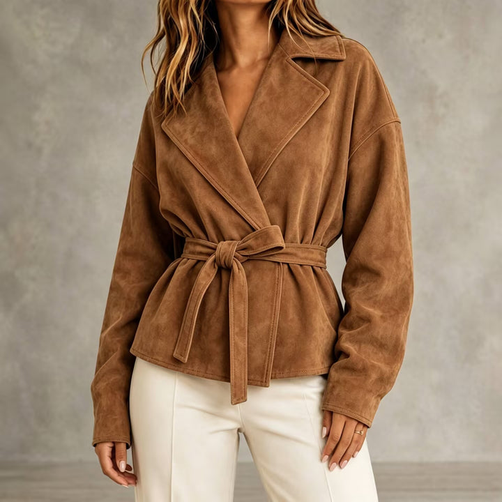 Ginette - Women's Suede Notched Lapel Cropped Blazer Jacket 1