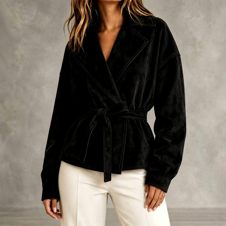Ginette - Women's Suede Notched Lapel Cropped Blazer Jacket 3