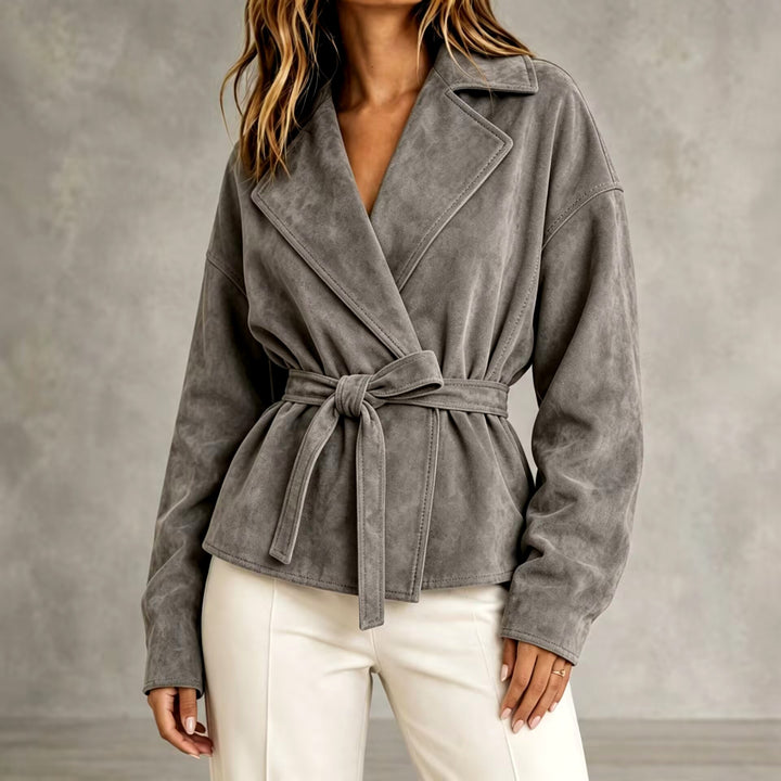 Ginette - Women's Suede Notched Lapel Cropped Blazer Jacket 4