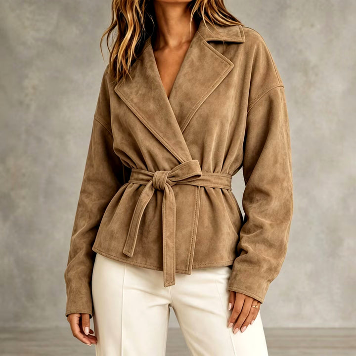 Ginette - Women's Suede Notched Lapel Cropped Blazer Jacket 5
