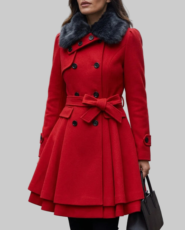 Giselle - Women's Double-Breasted Peplum Coat with Fur Collar