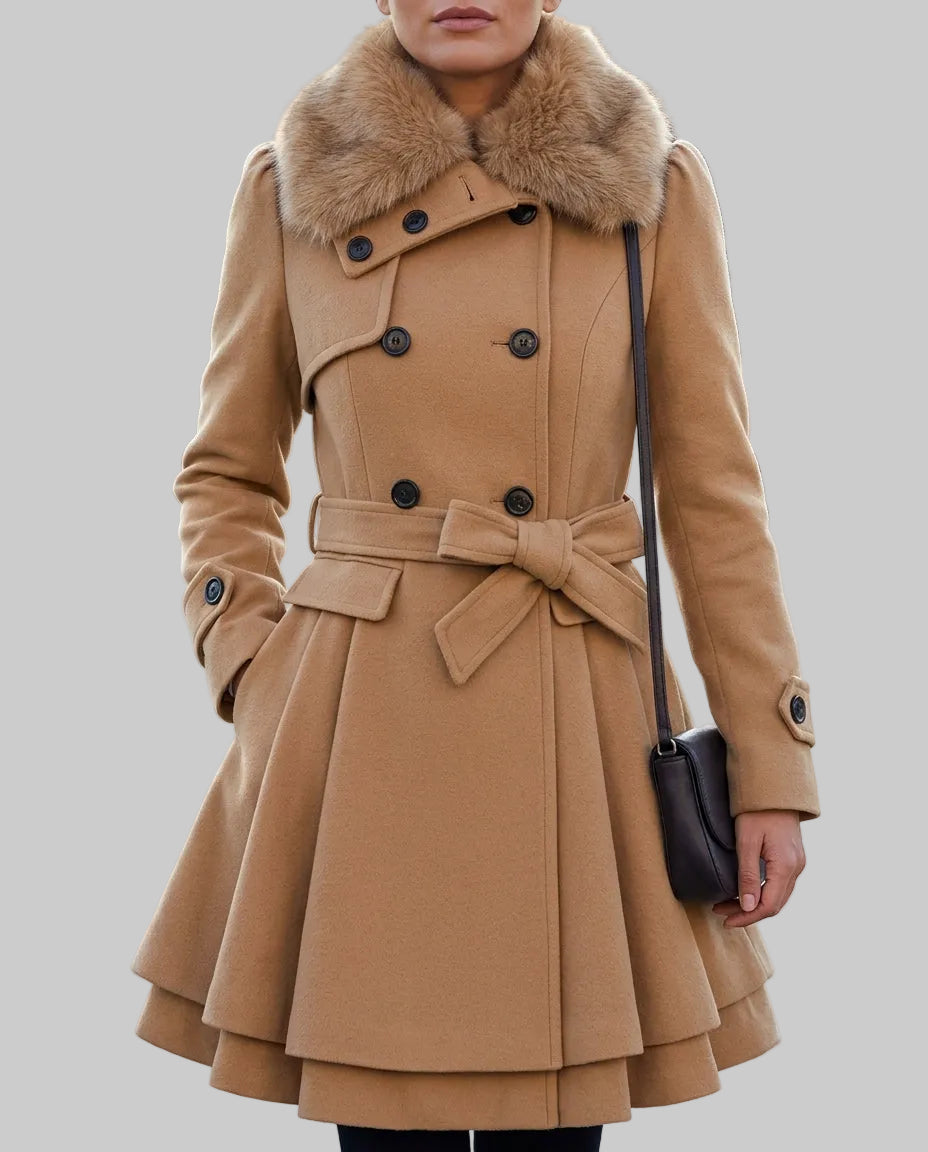 Giselle - Women's Double-Breasted Peplum Coat with Fur Collar