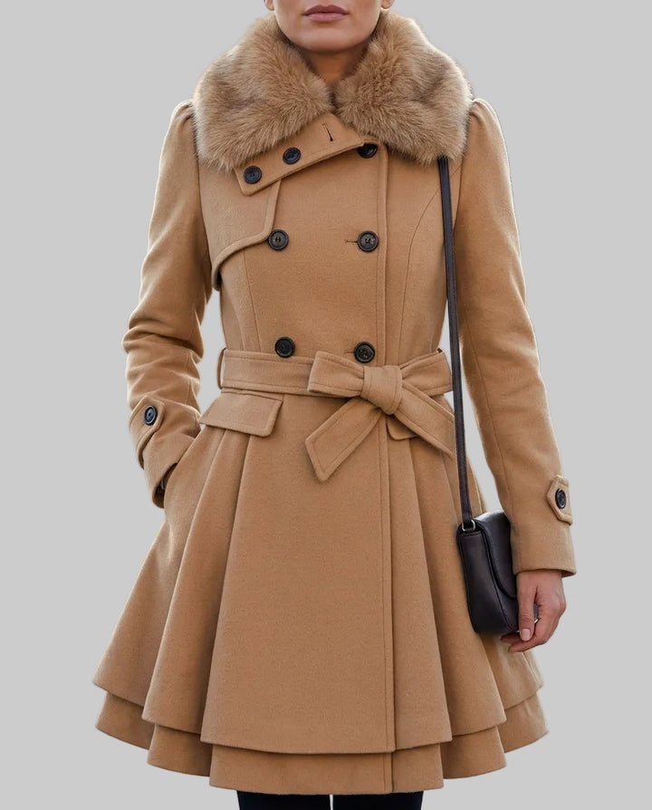 Giselle - Women's Double-Breasted Peplum Coat with Fur Collar