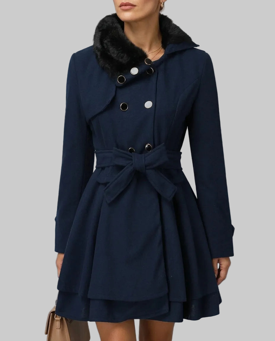 Giselle - Women's Double-Breasted Peplum Coat with Fur Collar
