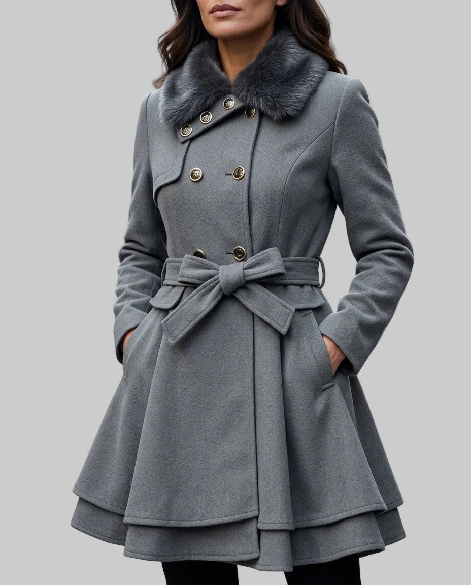Giselle - Women's Double-Breasted Peplum Coat with Fur Collar