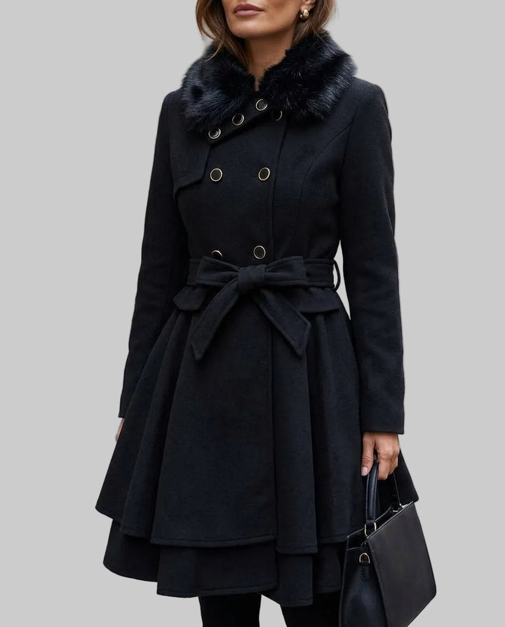 Giselle - Women's Double-Breasted Peplum Coat with Fur Collar