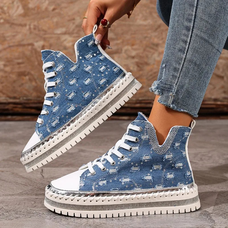 Giselle - Women's Studded Denim High-Top Sneakers
