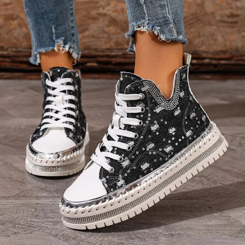 Giselle - Women's Studded Denim High-Top Sneakers