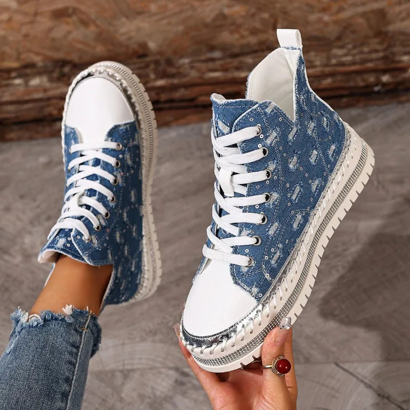 Giselle - Women's Studded Denim High-Top Sneakers