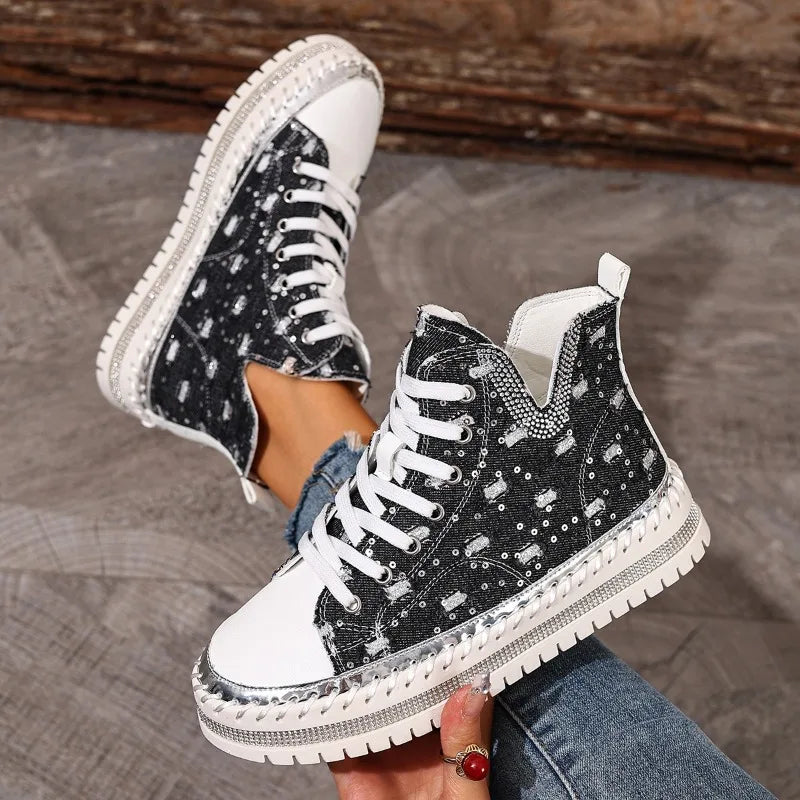 Giselle - Women's Studded Denim High-Top Sneakers