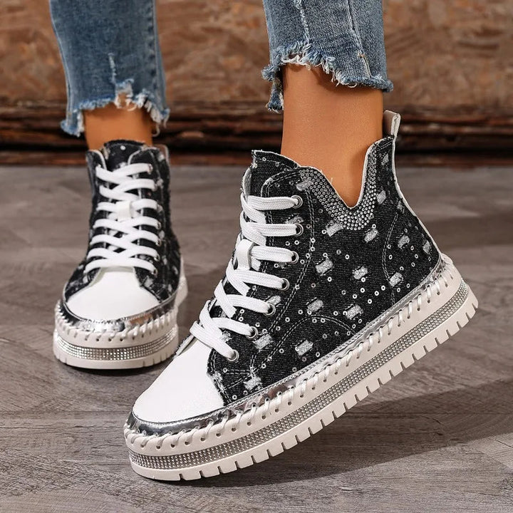 Giselle - Women's Studded Denim High-Top Sneakers