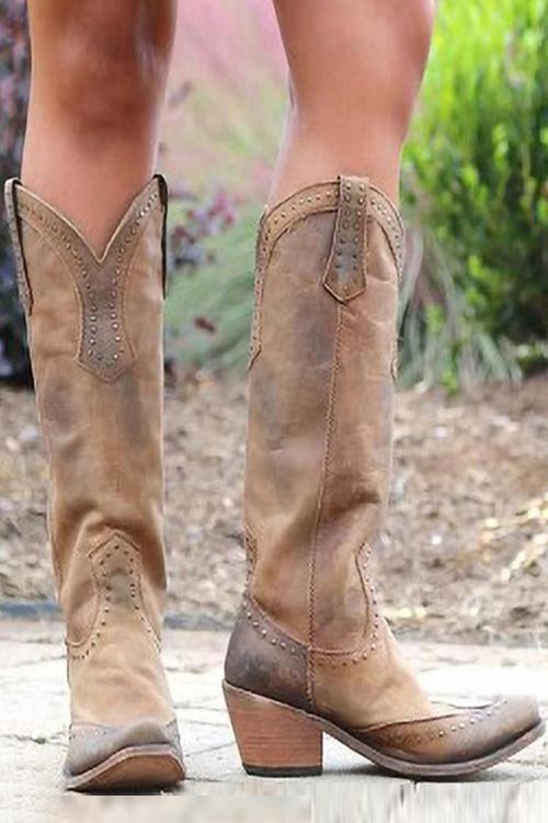 Giselle - Women's Studded Knee-High Boots with Chunky Heel