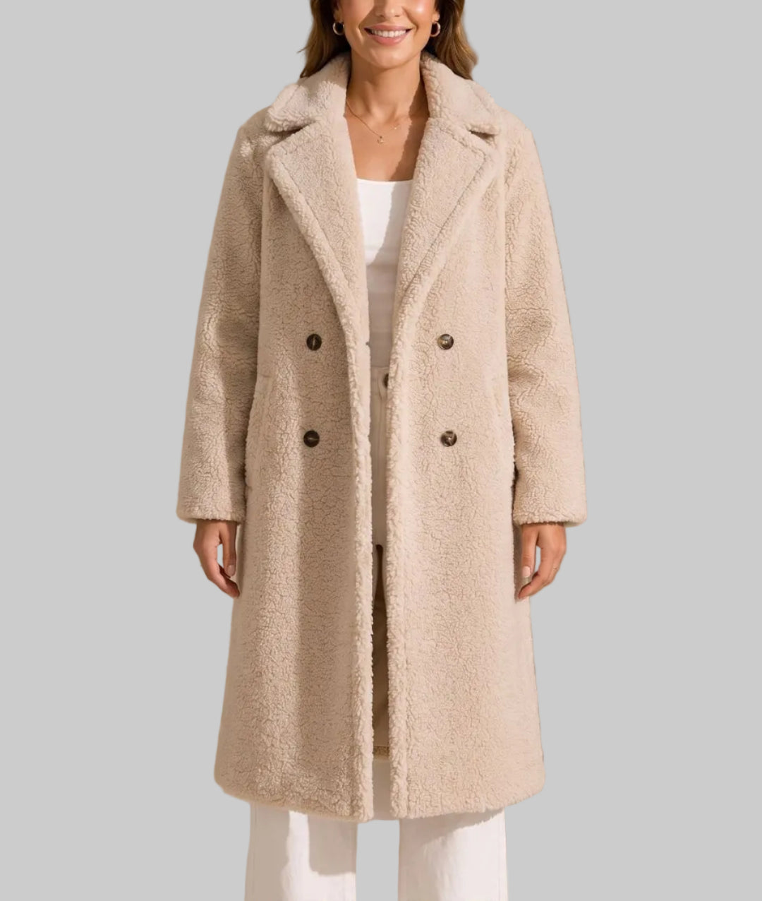 Greta - Women's Double-Breasted Teddy Coat with Notch Collar