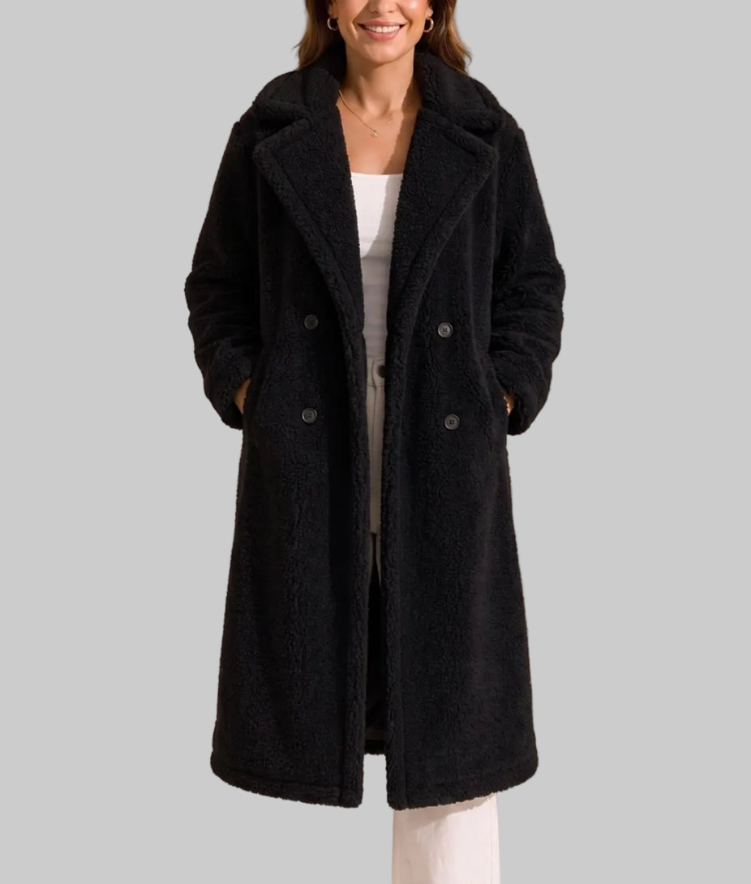 Greta - Women's Double-Breasted Teddy Coat with Notch Collar