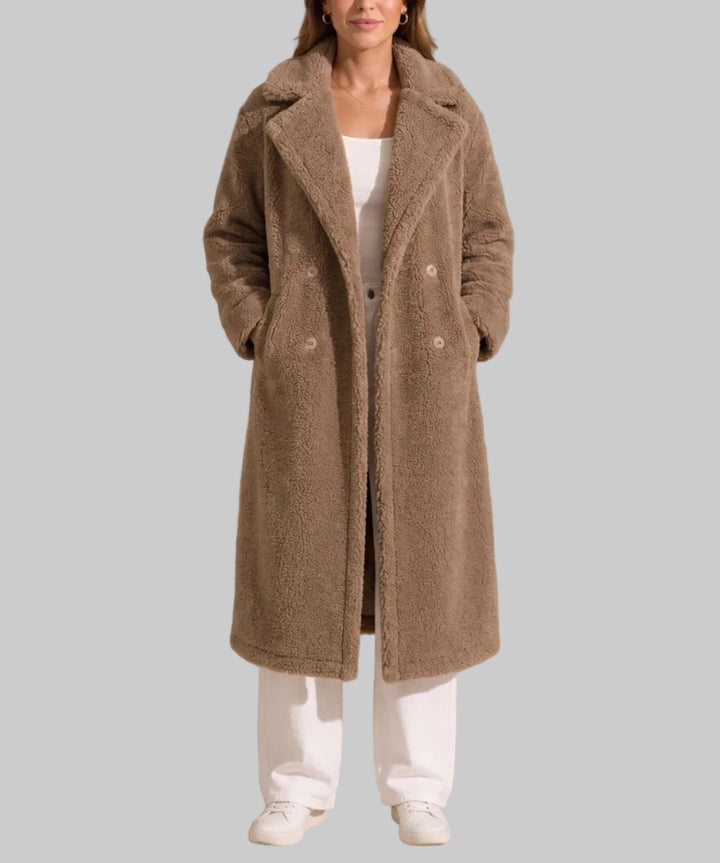 Greta - Women's Double-Breasted Teddy Coat with Notch Collar