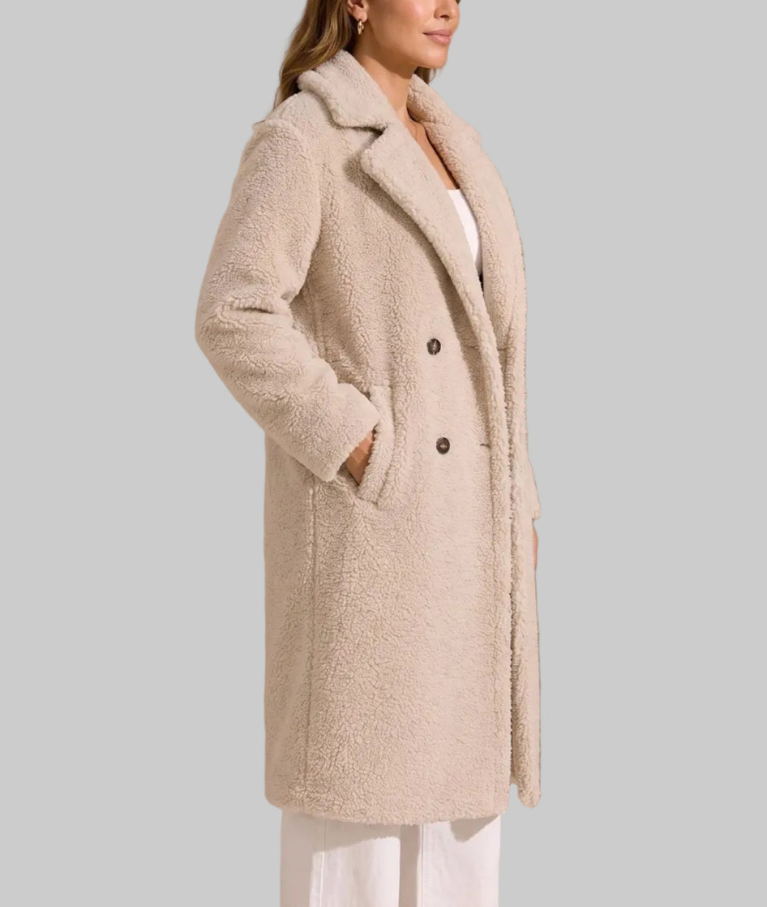 Greta - Women's Double-Breasted Teddy Coat with Notch Collar