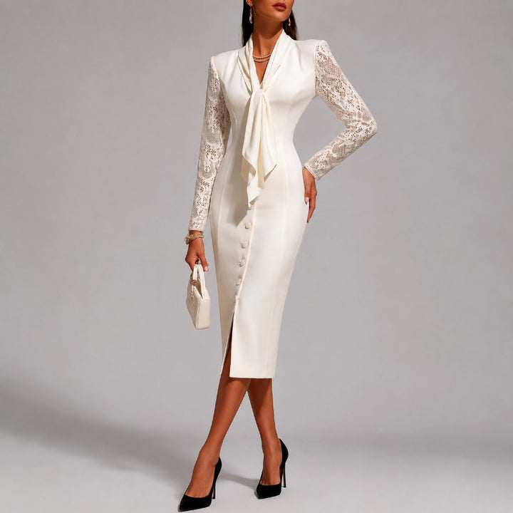 Halo - Women's Patchwork Tie Neck Bodycon Midi Dress 2