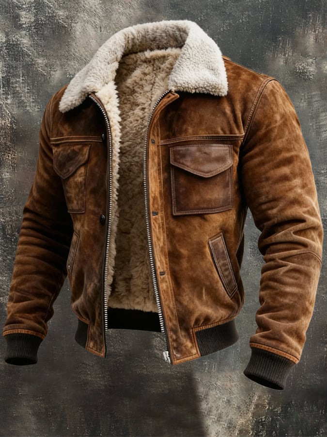 Harlan - Men's Suede Sherpa-Lined Bomber Jacket with Ribbed Cuffs