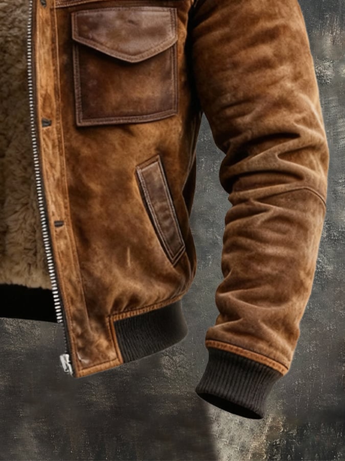Harlan - Men's Suede Sherpa-Lined Bomber Jacket with Ribbed Cuffs