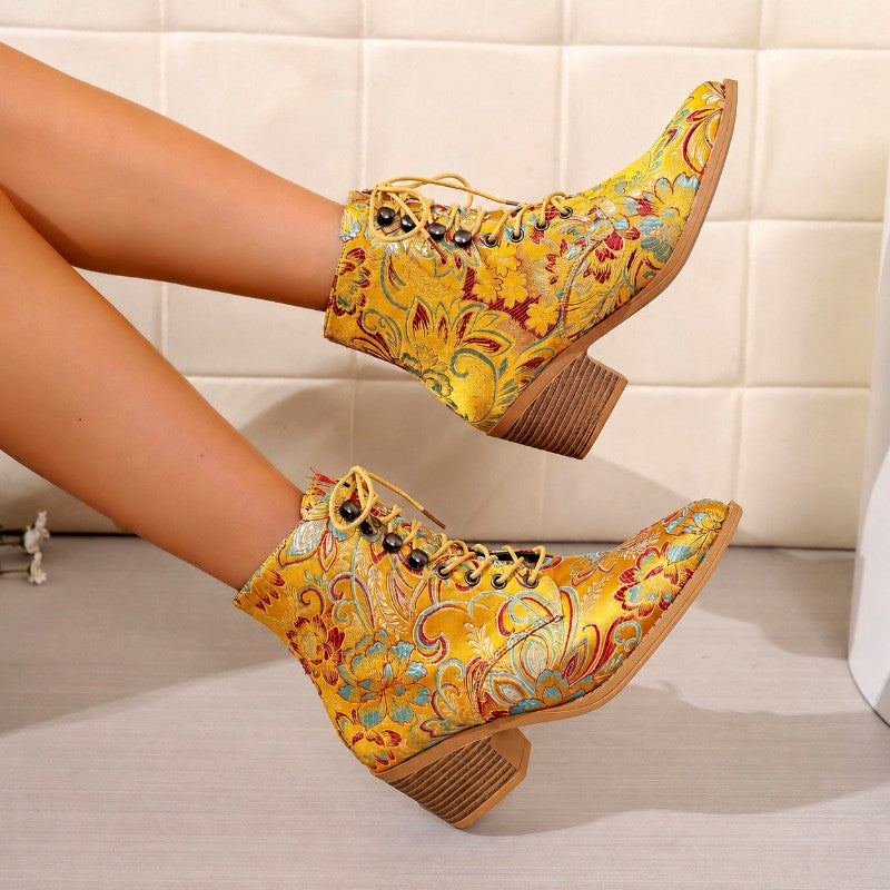 Harriet - Women’s Floral Lace-Up Pointed Toe Ankle Boots 1