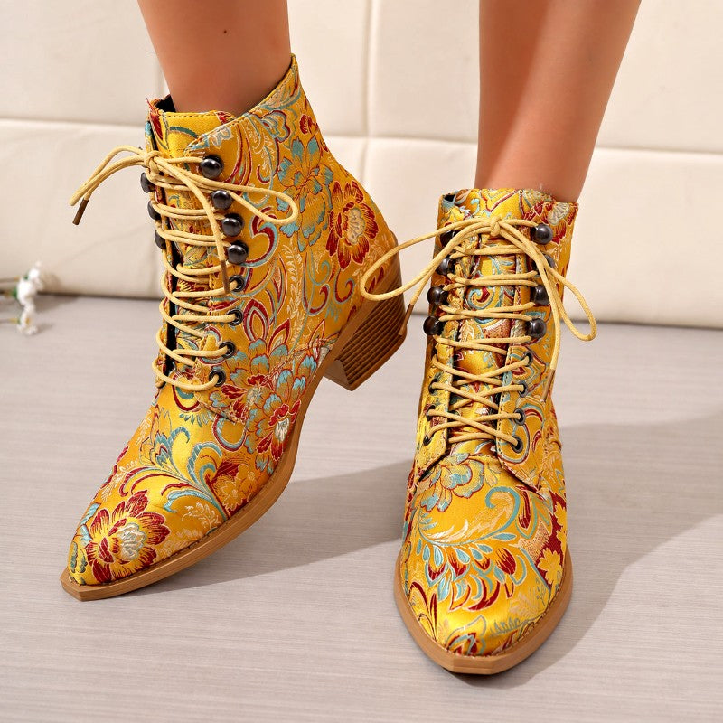 Harriet - Women’s Floral Lace-Up Pointed Toe Ankle Boots 4