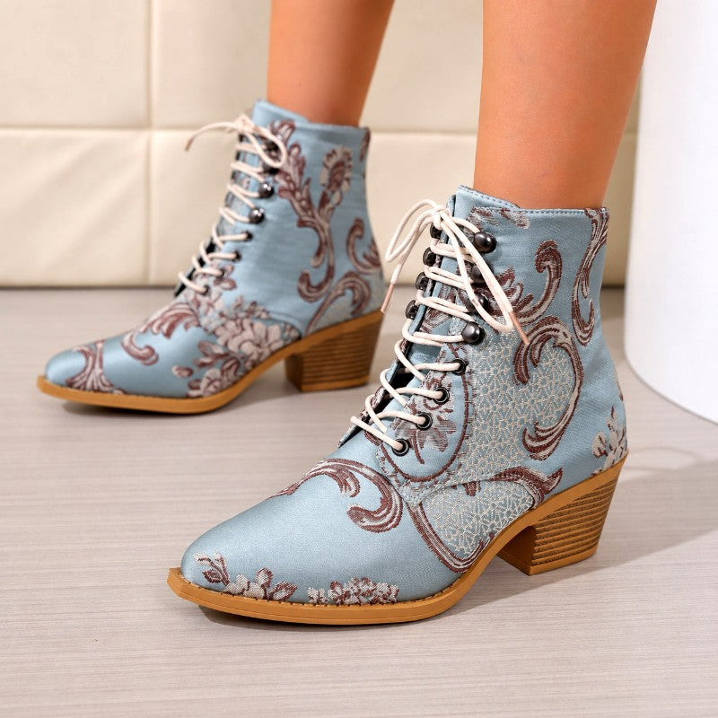Harriet - Women’s Floral Lace-Up Pointed Toe Ankle Boots 6